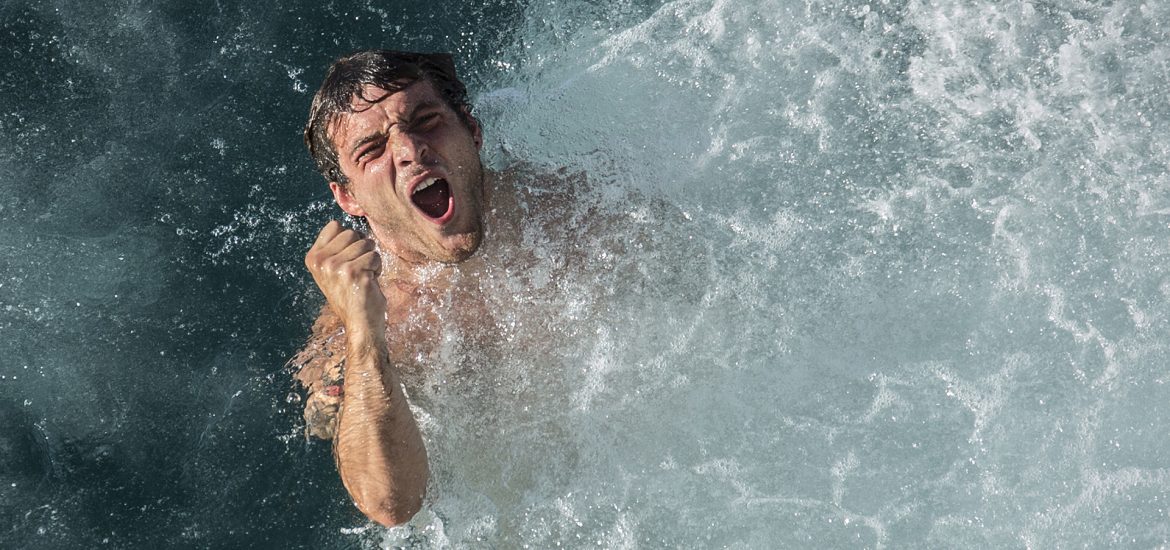 Alessandro de Rose of Italy celebrates after diving from the 27 metre platform during the fifth stop of the Red Bull Cliff Diving World Series in Polignano a Mare, Italy on August 28 2016. // Romina Amato/Red Bull Content Pool // P-20160828-02092 // Usage for editorial use only // Please go to www.redbullcontentpool.com for further information. //